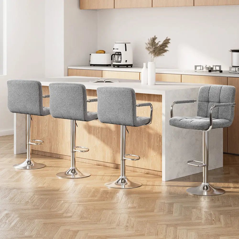 4x Bar Stools Fabric Gas Lift W/armrest Grey