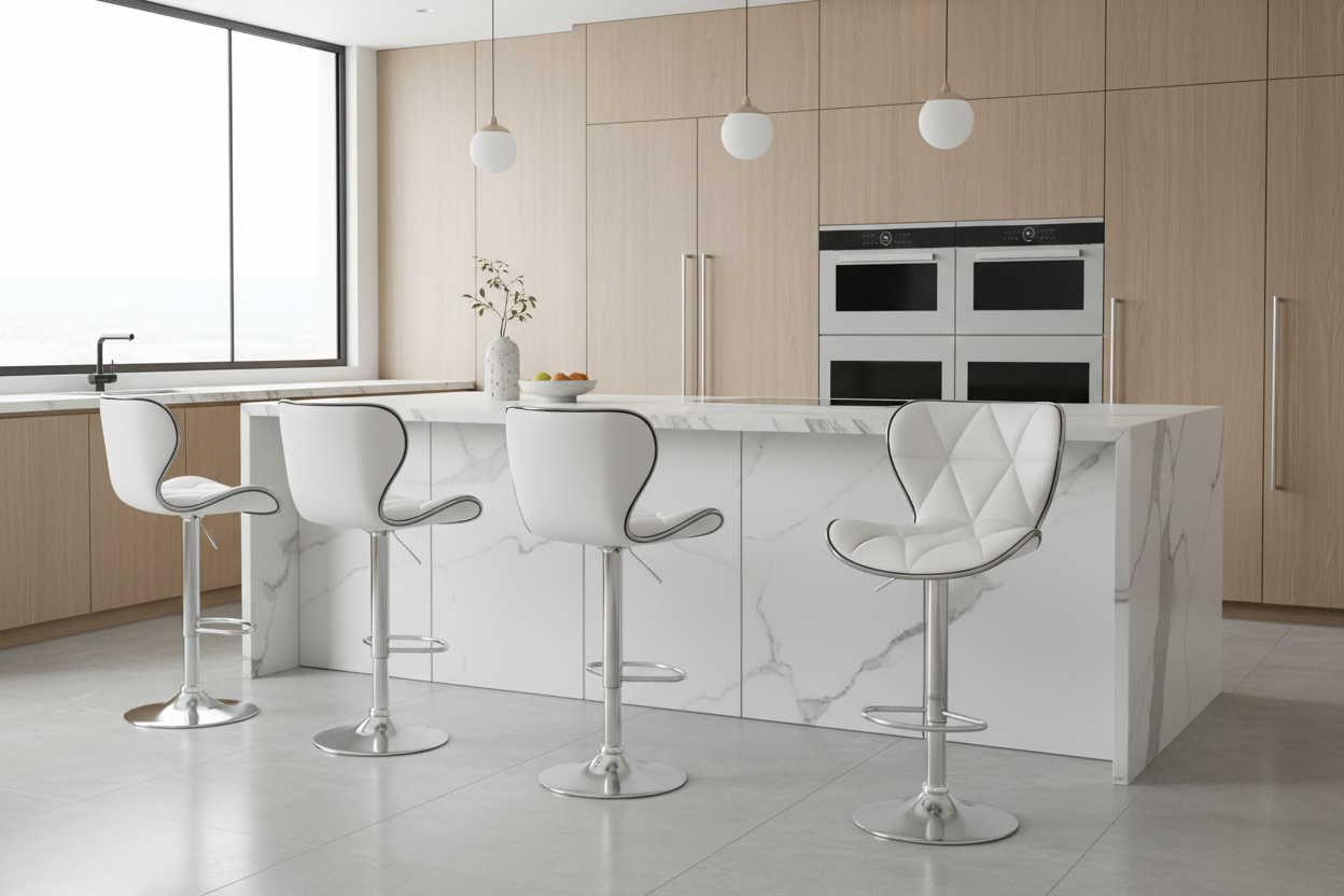 A modern kitchen island with a white marble-look countertop and matching base, surrounded by four white bar stools with silver metal bases. The background features light wood cabinets, built-in stainless steel ovens, and white globe pendant lights.