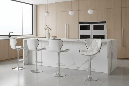4x Bar Stools Gas Lift Leather Seat White