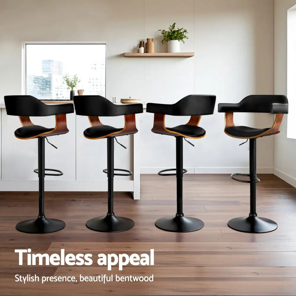 4x Bar Stools Gas Lift Leather W/armrest All Black