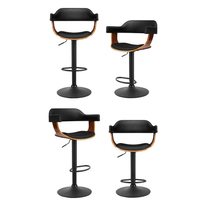 4x Bar Stools Gas Lift Leather W/armrest All Black