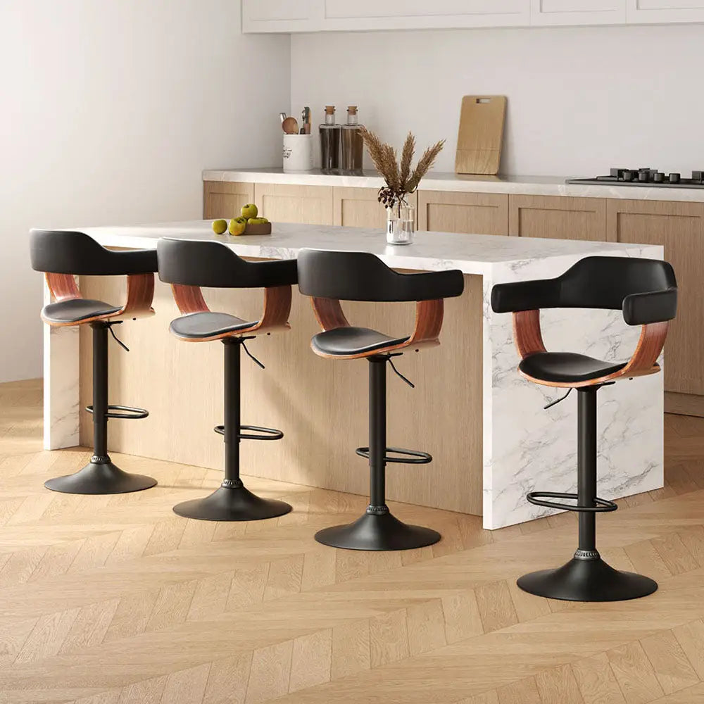 4x Bar Stools Gas Lift Leather W/armrest All Black
