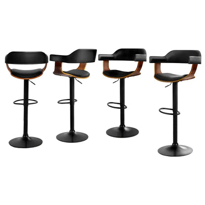 4x Bar Stools Gas Lift Leather W/armrest All Black