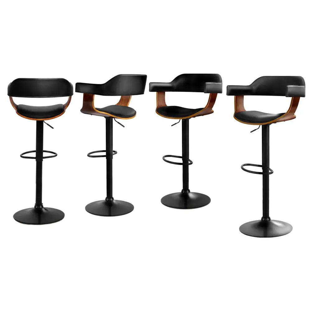 4x Bar Stools Gas Lift Leather W/armrest All Black