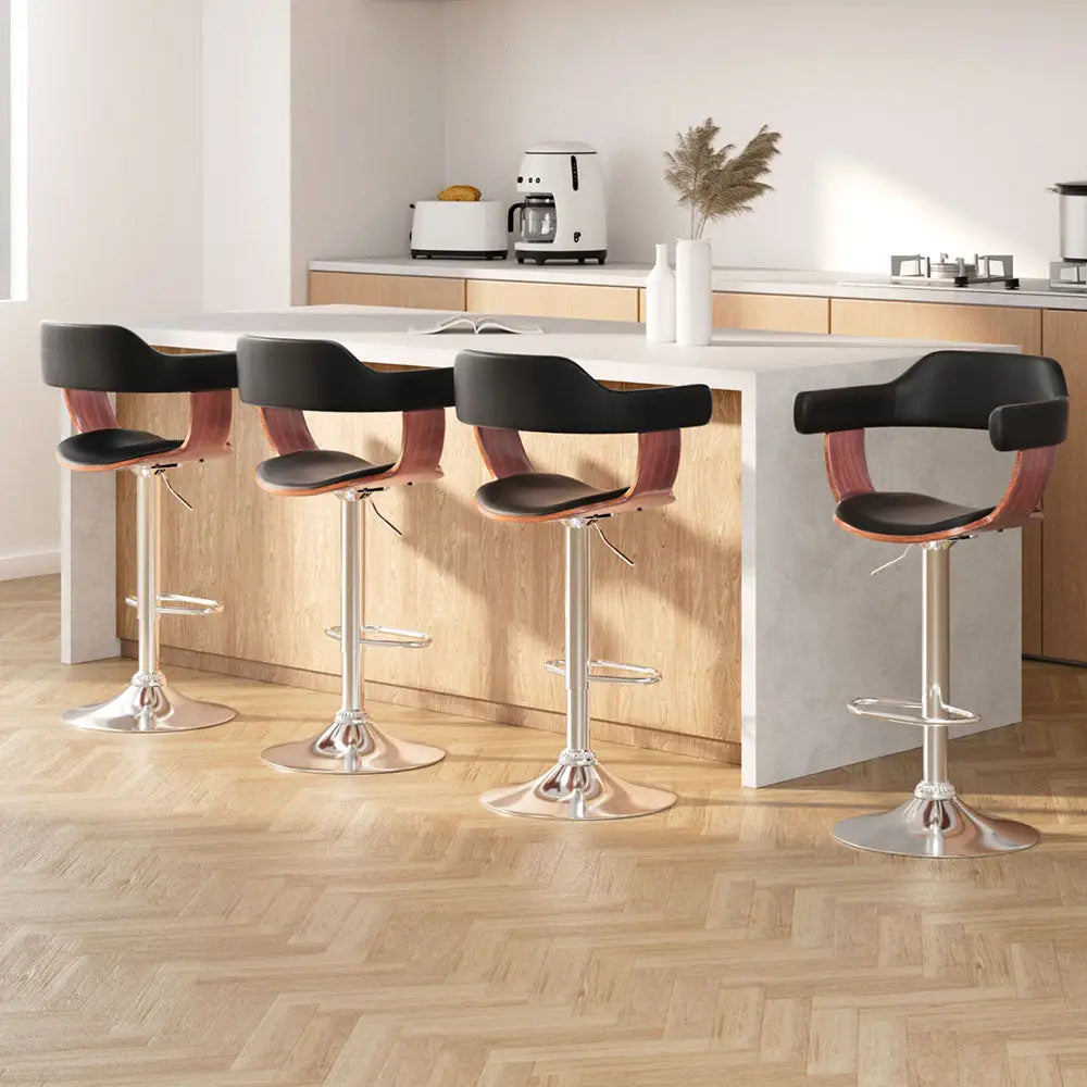 4x Bar Stools Gas Lift Leather W/armrest Black