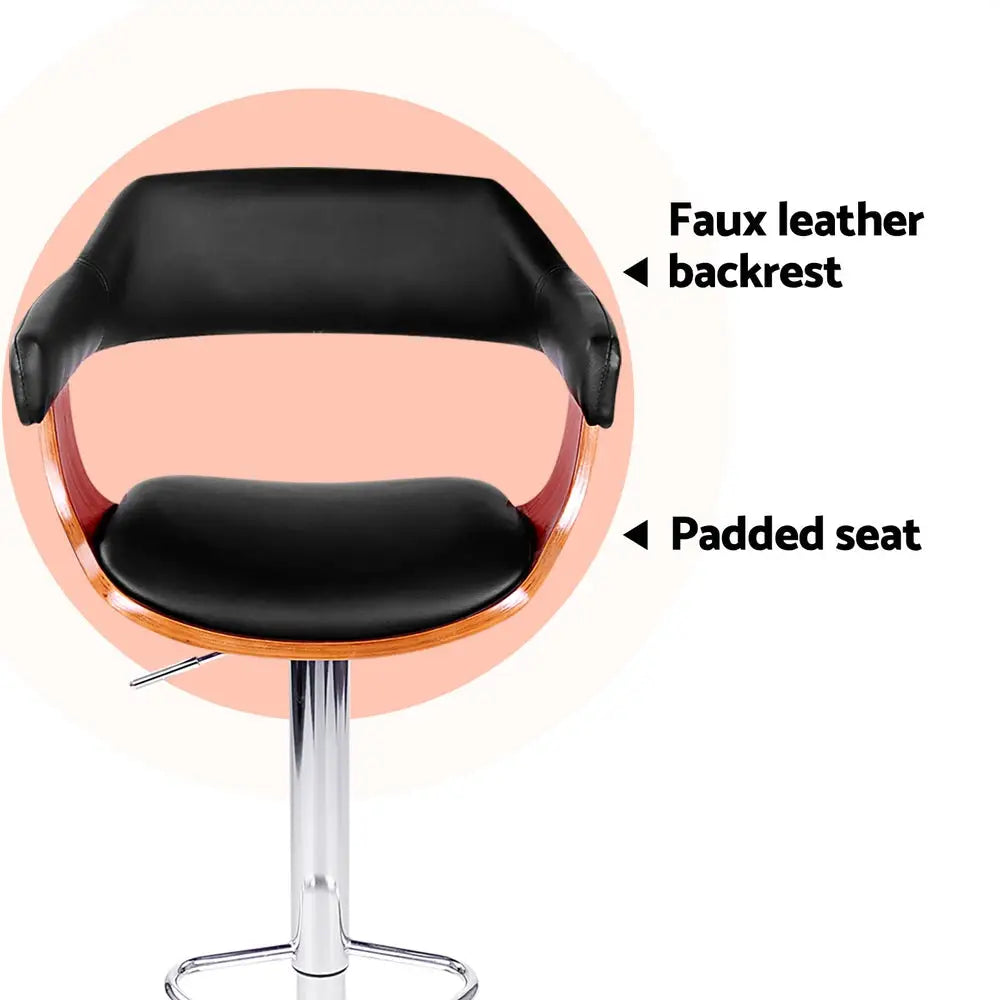 4x Bar Stools Gas Lift Leather W/armrest Black