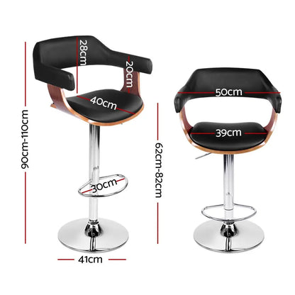 4x Bar Stools Gas Lift Leather W/armrest Black