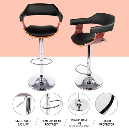 4x Bar Stools Gas Lift Leather W/armrest Black