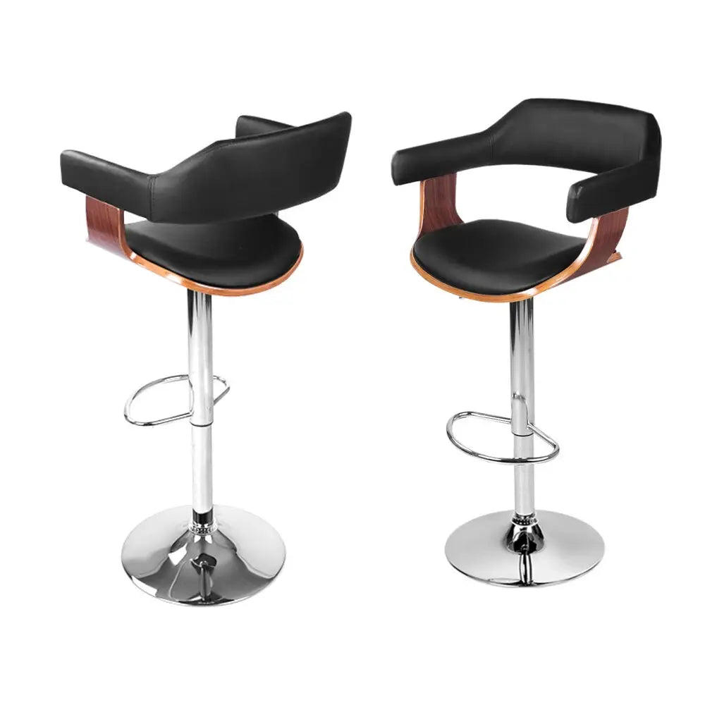 4x Bar Stools Gas Lift Leather W/armrest Black