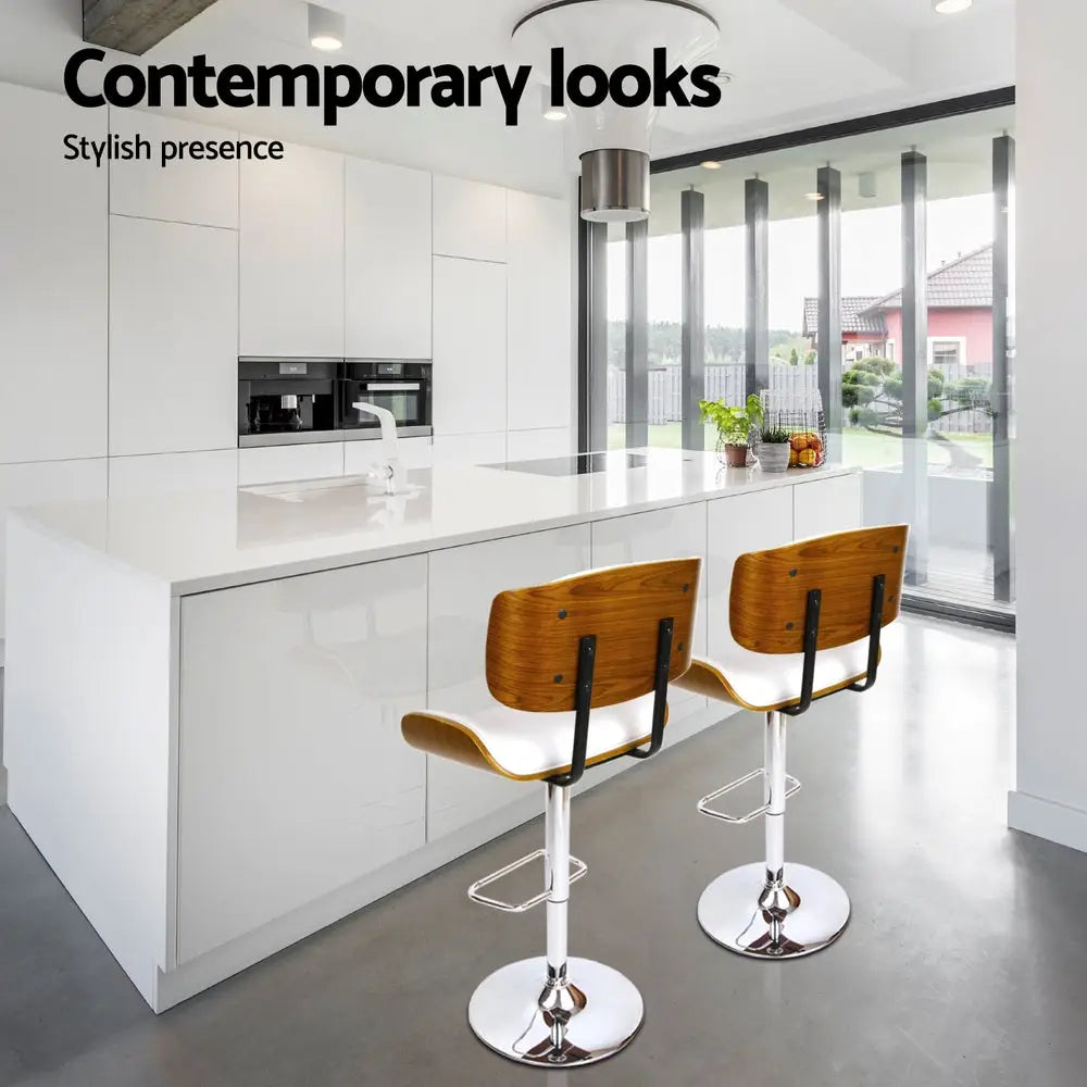 4x Bar Stools Gas Lift Leather White