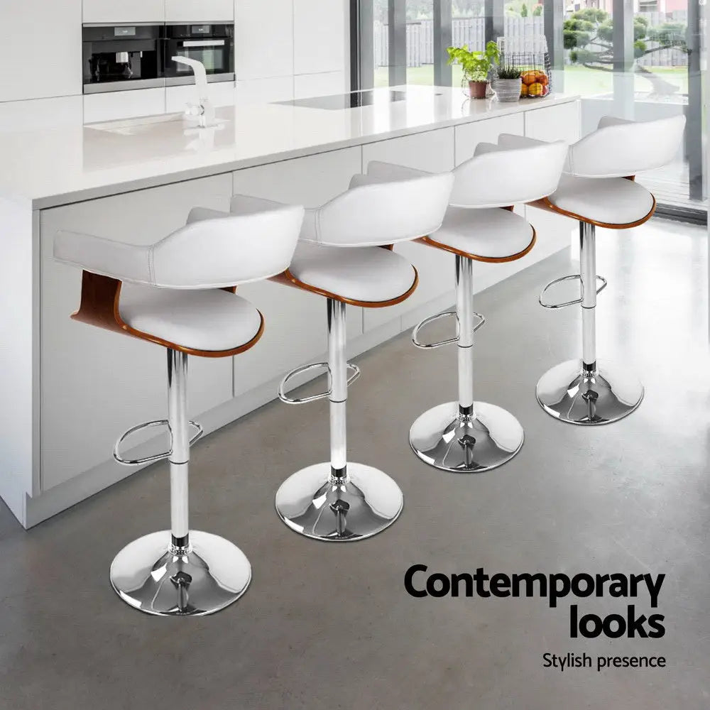 4x Bar Stools Gas Lift Leather with Armrest White