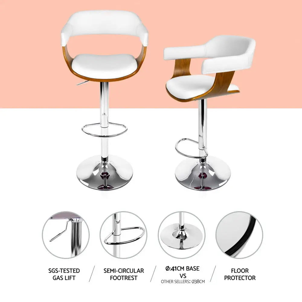 4x Bar Stools Gas Lift Leather with Armrest White
