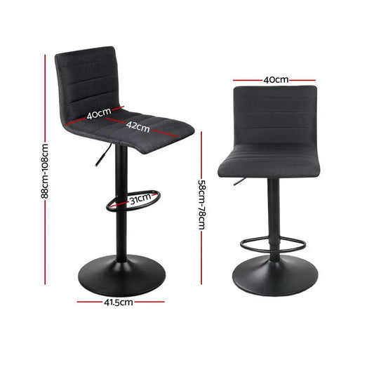 4x Bar Stools Gas Lift Linen Fabric Black
