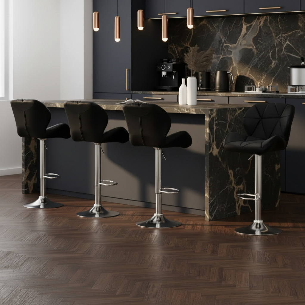 4x Bar Stools Gas Lift Padded Leather Black
