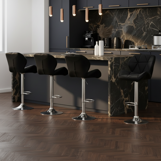 4x Bar Stools Gas Lift Padded Leather Black