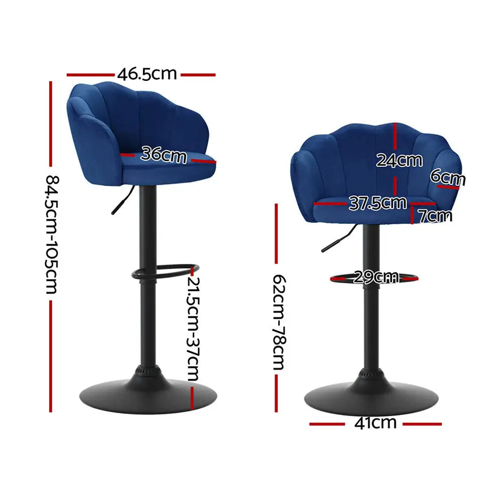 4x Bar Stools Gas Lift Velvet Blue
