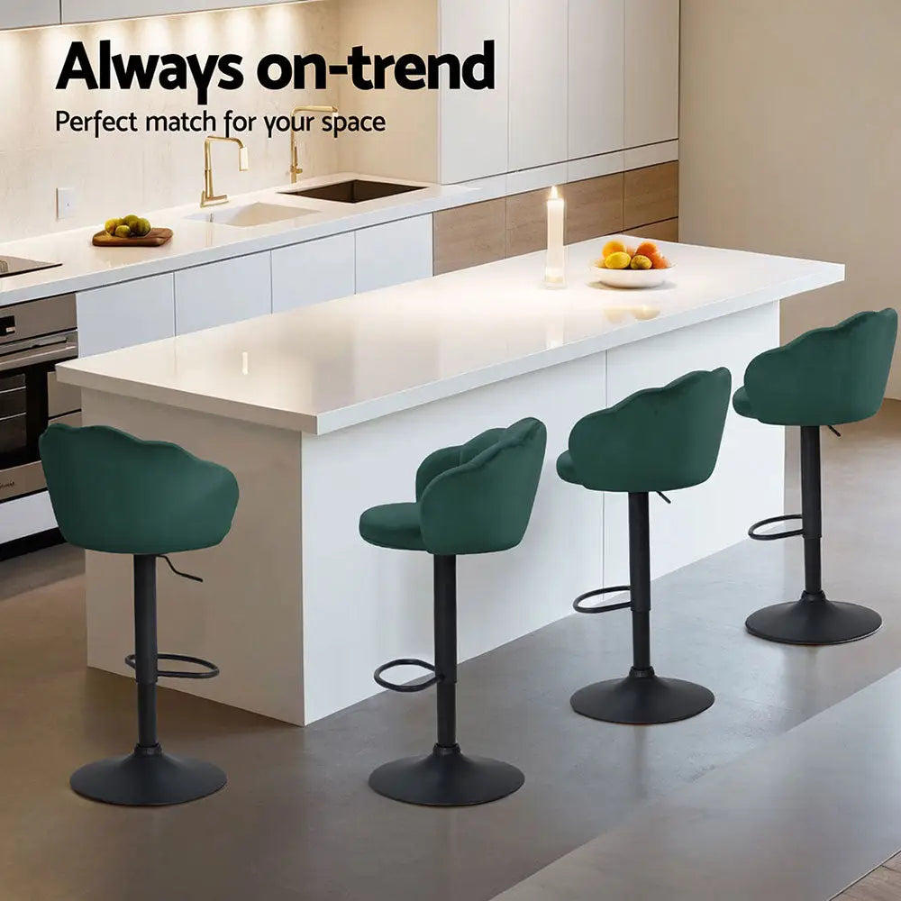 4x Bar Stools Gas Lift Velvet Green