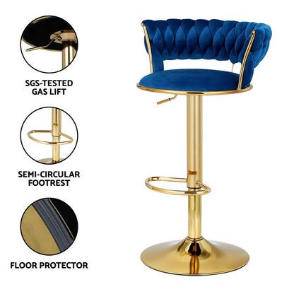 4x Bar Stools Gas Lift Velvet Woven Backrest Navy