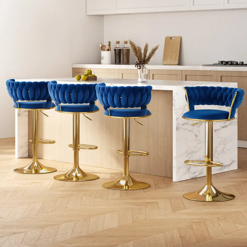 4x Bar Stools Gas Lift Velvet Woven Backrest Navy