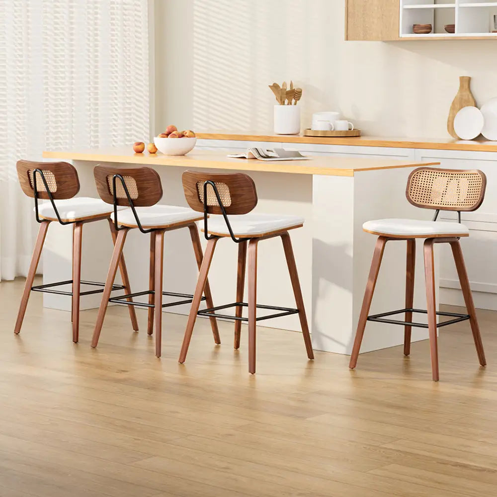 4x Bar Stools Kitchen Counter Rattan Chairs Pu Leather Padding