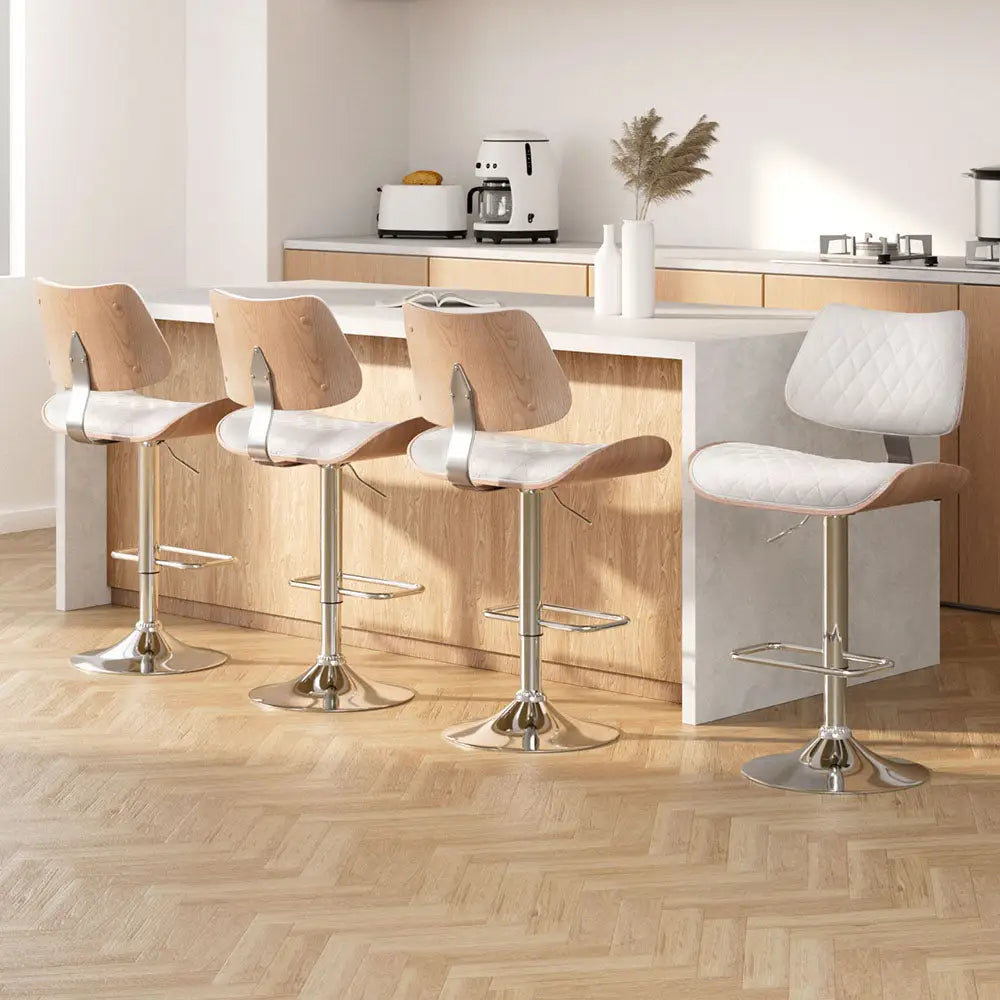 4x Bar Stools Kitchen Dining Chairs Gas Lift Stool Wooden Leather White