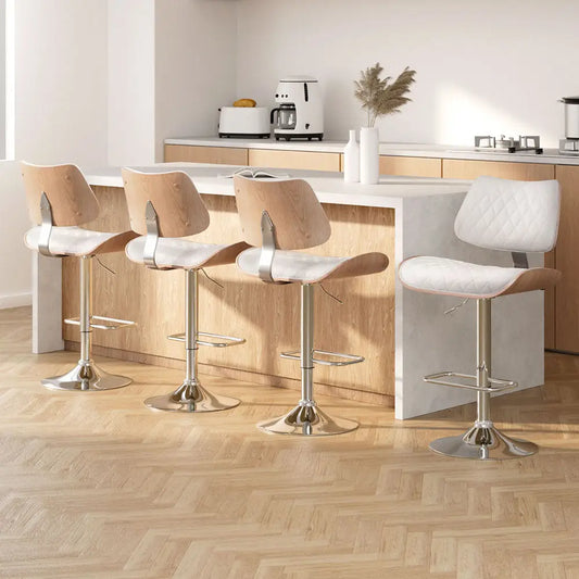 4x Bar Stools Kitchen Dining Chairs Gas Lift Stool Wooden Leather White