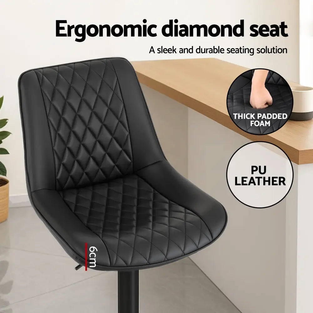 4x Bar Stools Kitchen Swivel Gas Lift Counter Chair Diamond Leather Black