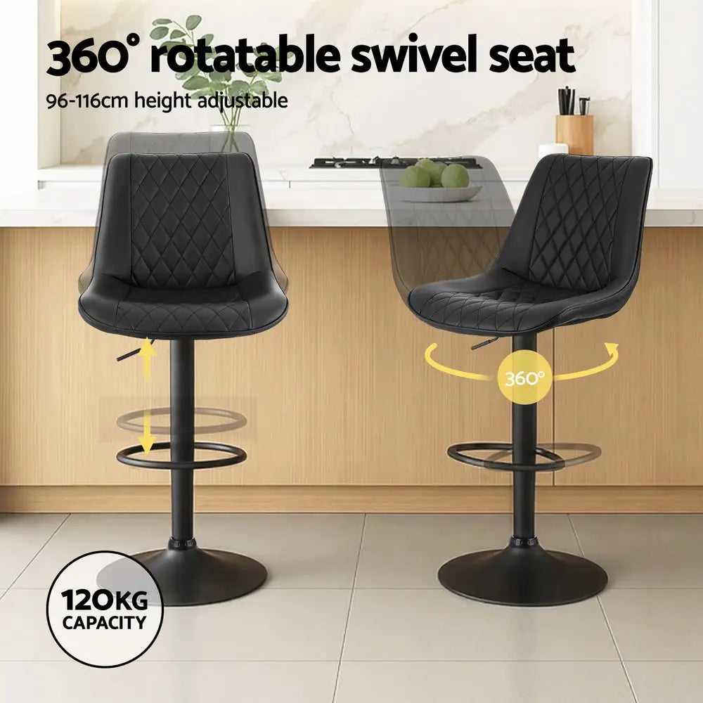 4x Bar Stools Kitchen Swivel Gas Lift Counter Chair Diamond Leather Black