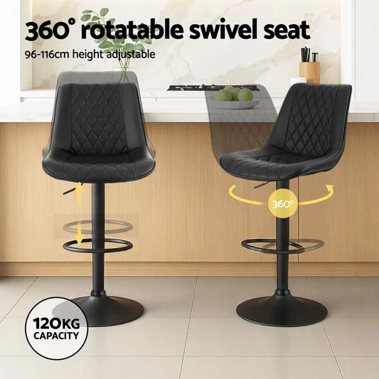 4x Bar Stools Kitchen Swivel Gas Lift Counter Chair Diamond Leather Black