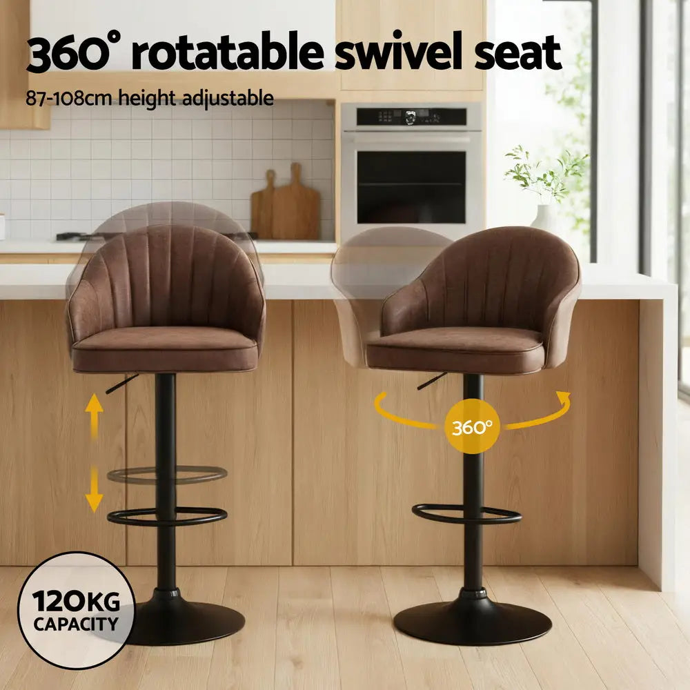 4x Bar Stools Kitchen Swivel Gas Lift Counter Chair Shell Leather Brown