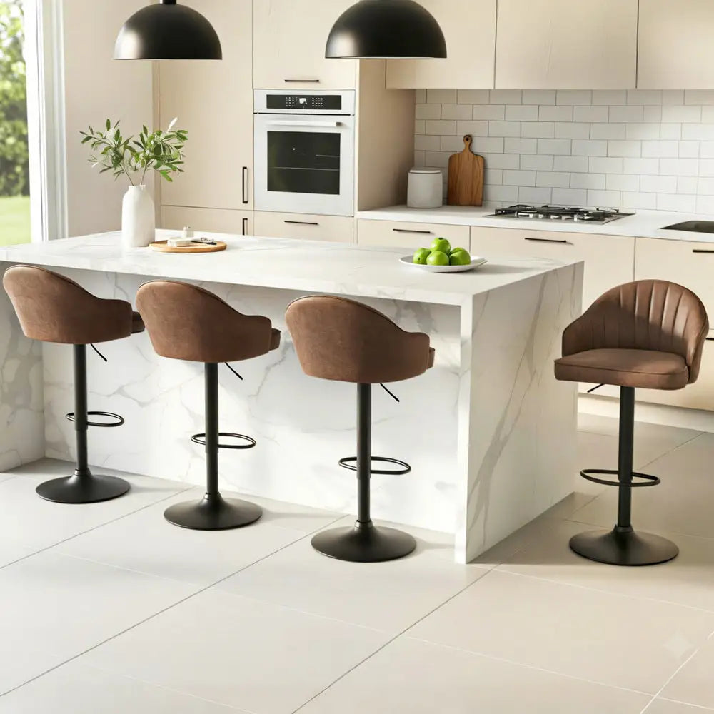 4x Bar Stools Kitchen Swivel Gas Lift Counter Chair Shell Leather Brown
