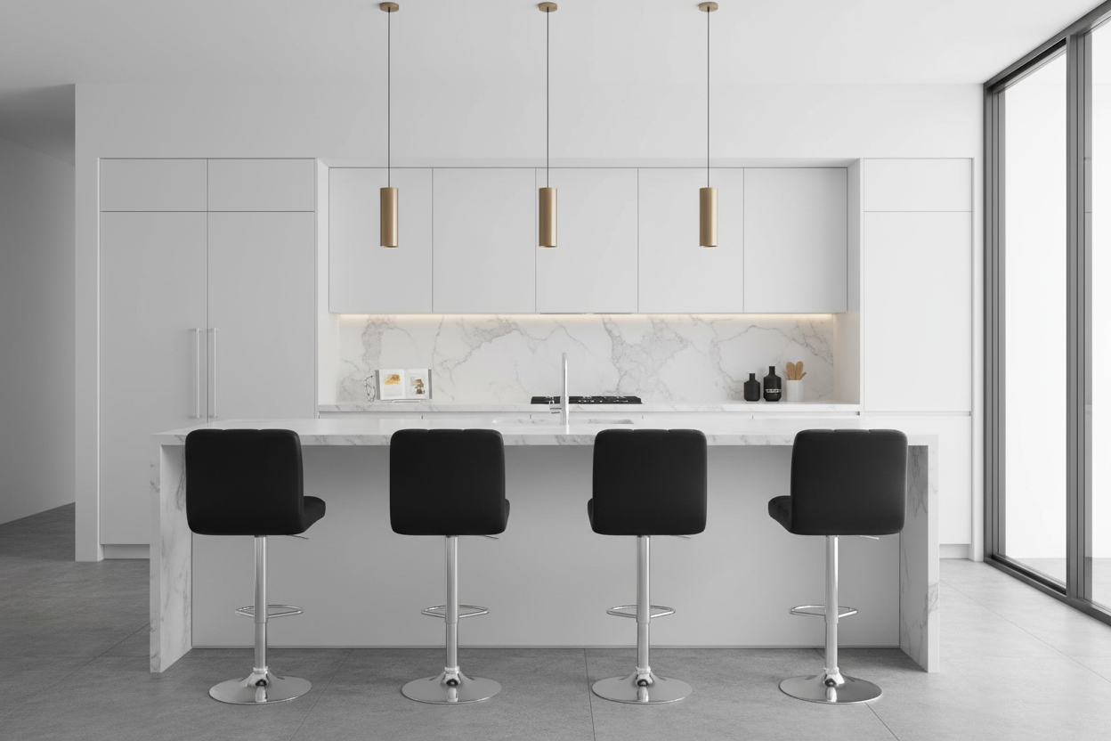 A modern kitchen island with a white marble countertop and backsplash, four black bar stools with chrome legs, and three gold pendant lights against a white cabinetry wall.