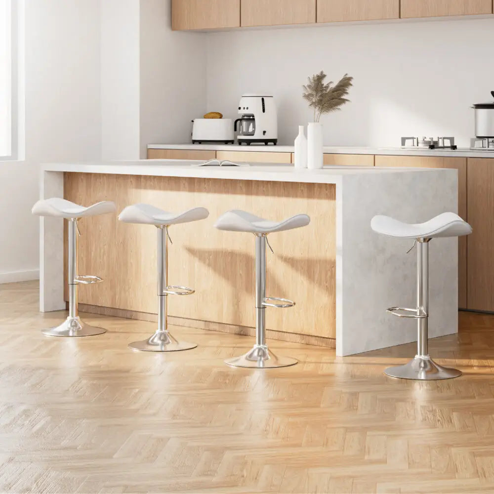 4x Bar Stools Leather Gas Lift Chair White