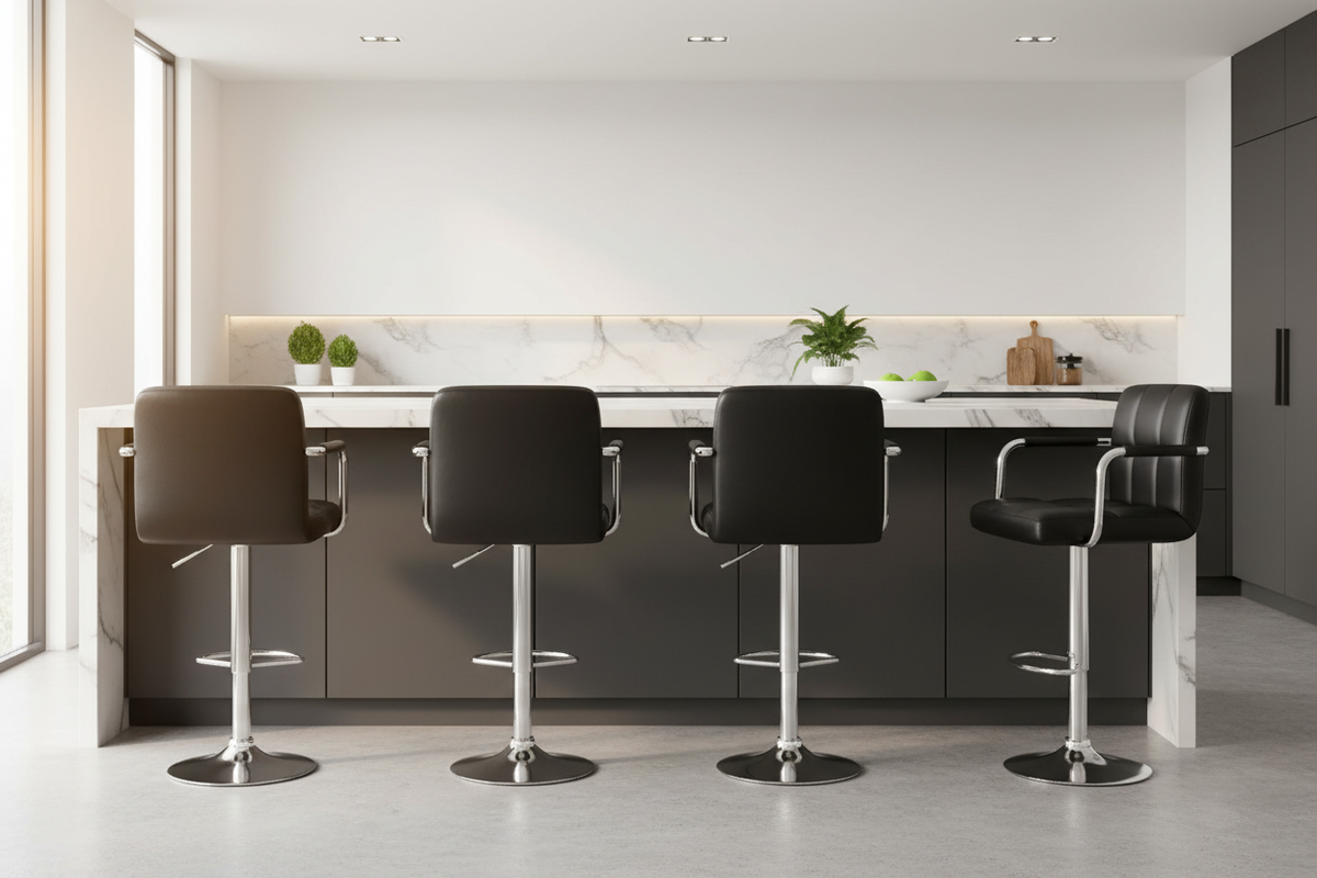 Four modern bar stools in black and brown leather with chrome bases, arranged in a row in front of a dark gray kitchen island with a white marble countertop.
