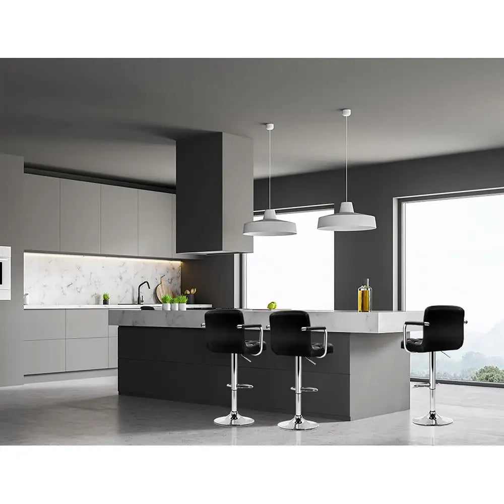 4x Bar Stools Leather Gas Lift W/armrest Black