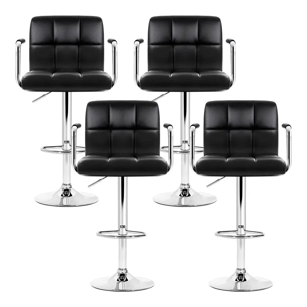 4x Bar Stools Leather Gas Lift W/armrest Black