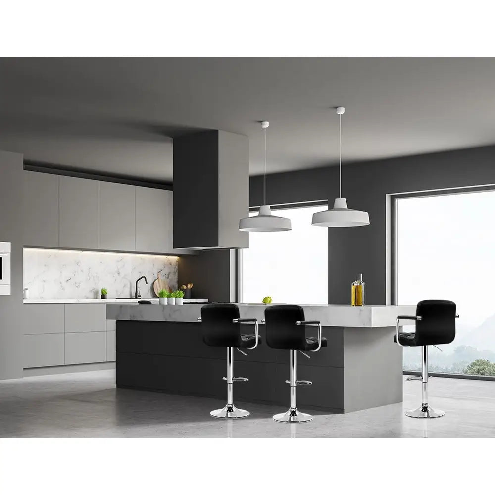 4x Bar Stools Leather Gas Lift W/armrest Black
