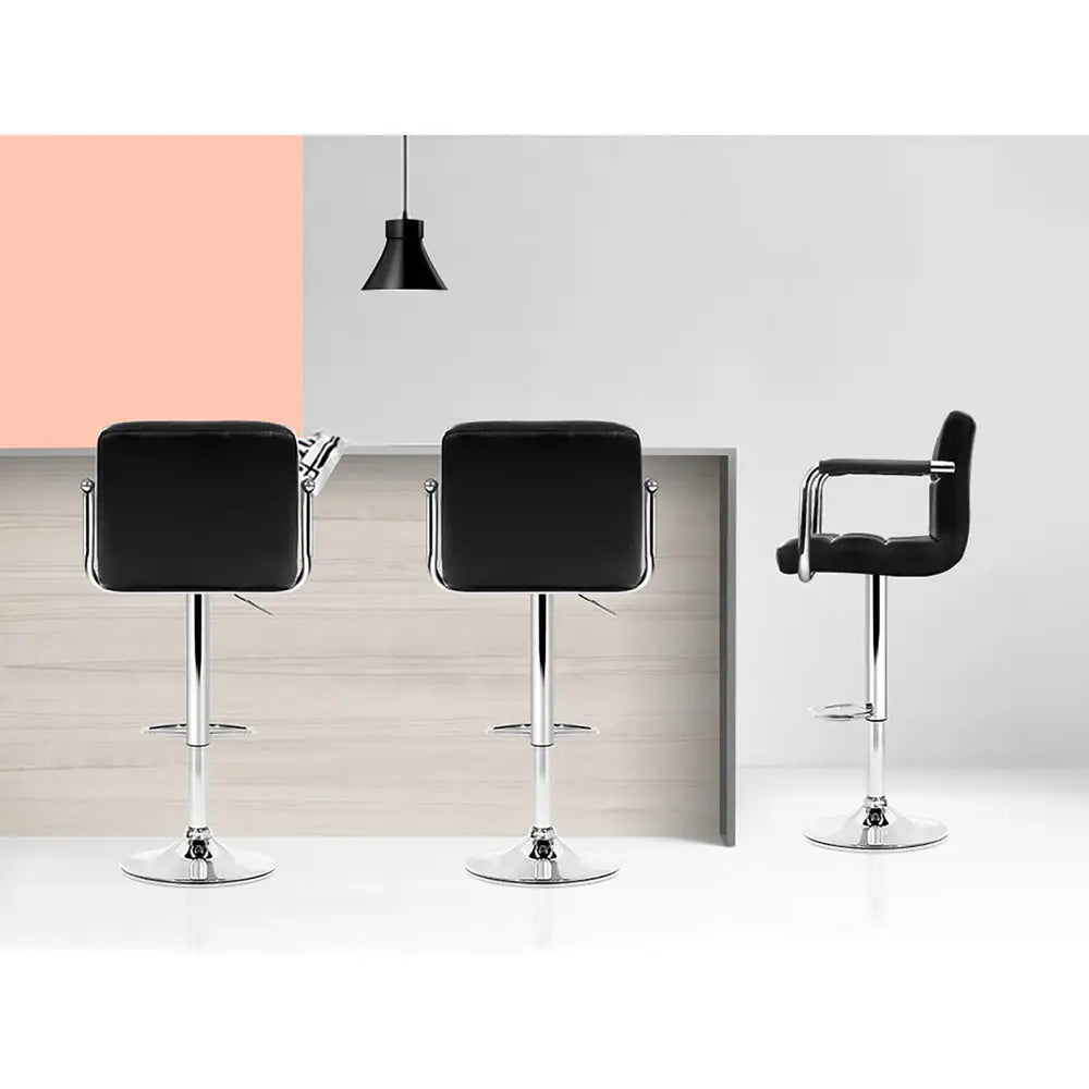 4x Bar Stools Leather Gas Lift W/armrest Black
