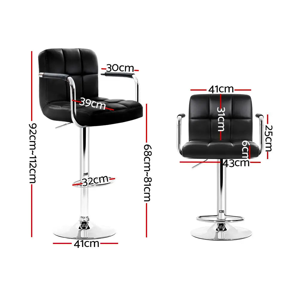 4x Bar Stools Leather Gas Lift W/armrest Black