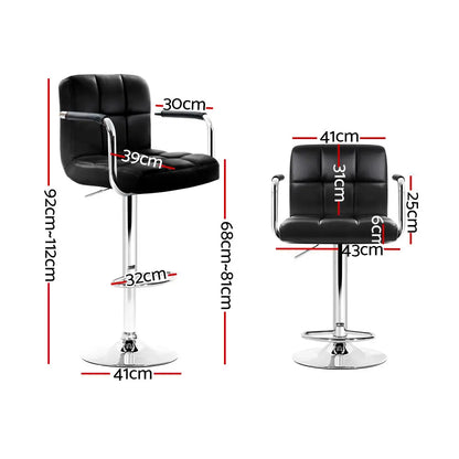 4x Bar Stools Leather Gas Lift W/armrest Black