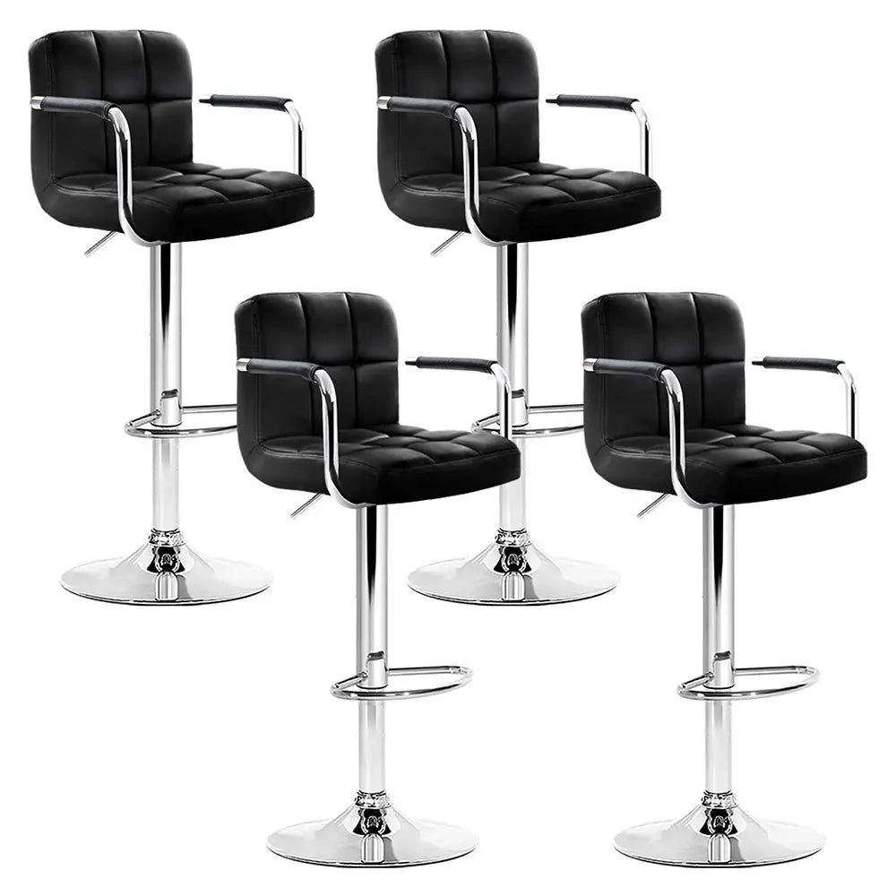 4x Bar Stools Leather Gas Lift W/armrest Black