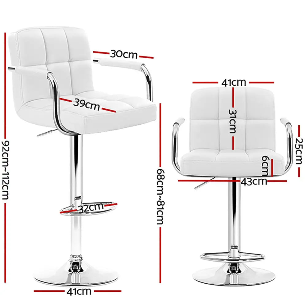 4x Bar Stools Leather Gas Lift W/armrest White