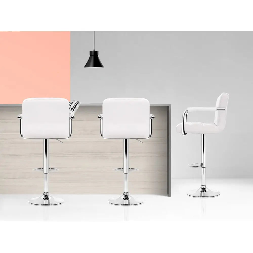 4x Bar Stools Leather Gas Lift W/armrest White
