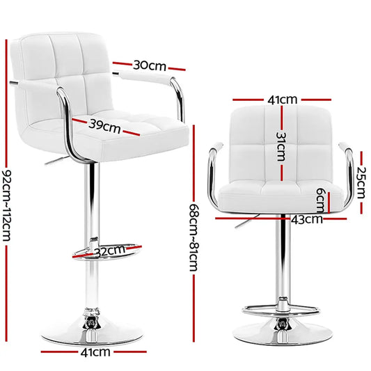 4x Bar Stools Leather Gas Lift W/armrest White