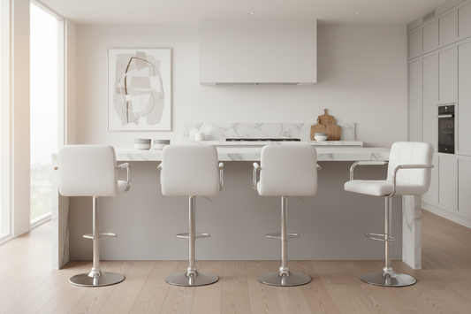 4x Bar Stools Leather Gas Lift w/Armrest White