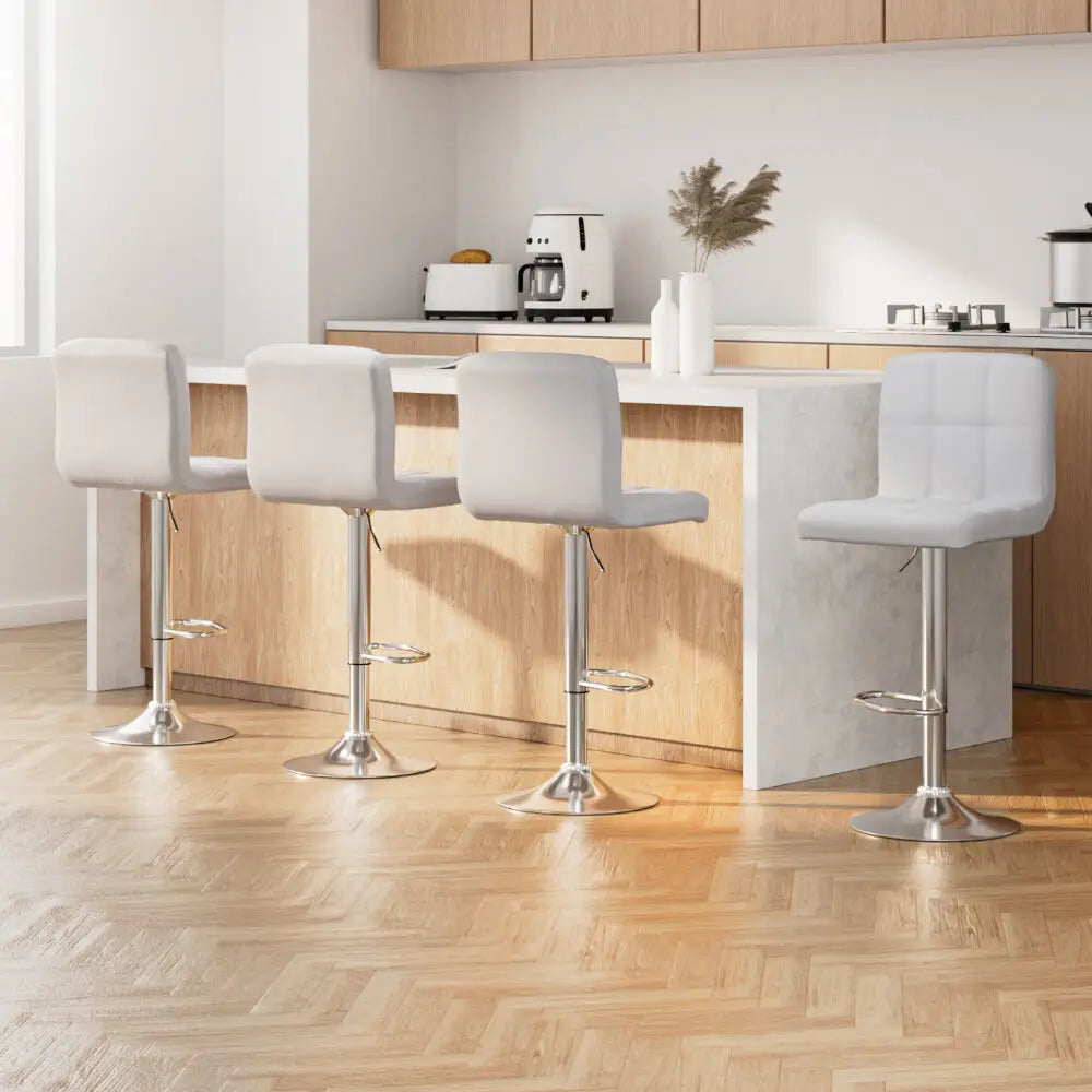 4x Bar Stools Leather Gas Lift White