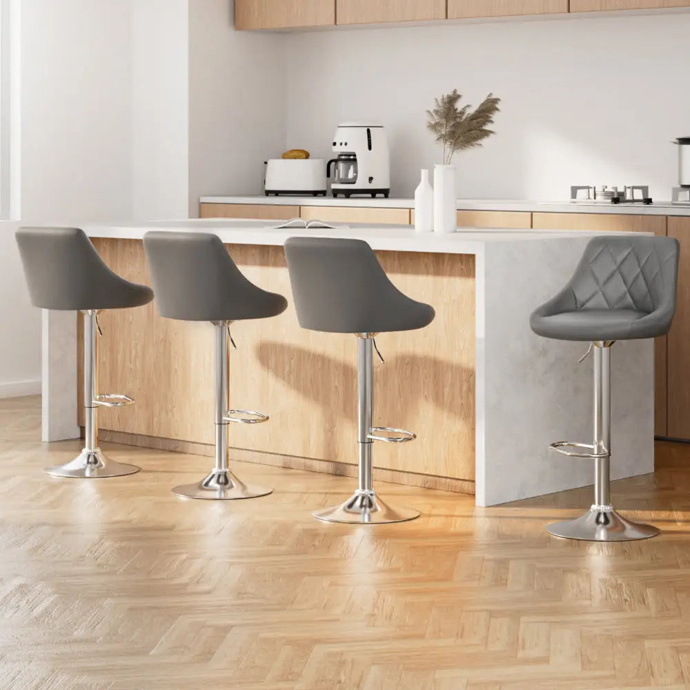 4x Bar Stools Leather Padded Gas Lift Grey