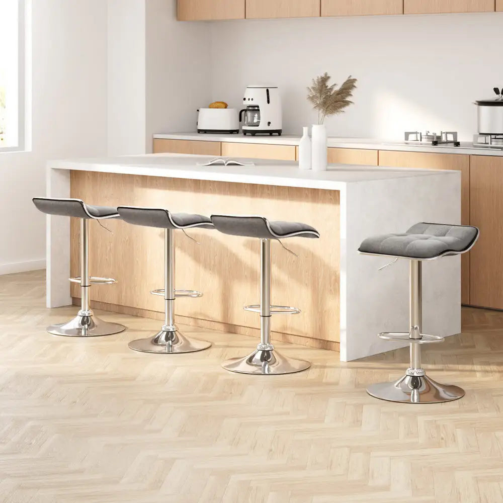 4x Bar Stools Linen Padded Gas Lift