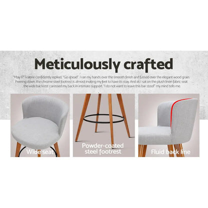 4x Bar Stools Linen Padded Wooden Grey