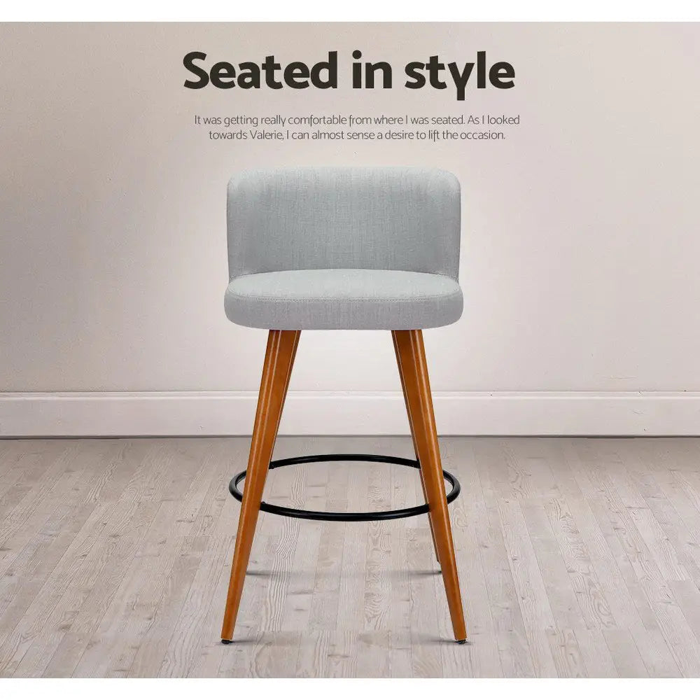 4x Bar Stools Linen Padded Wooden Grey